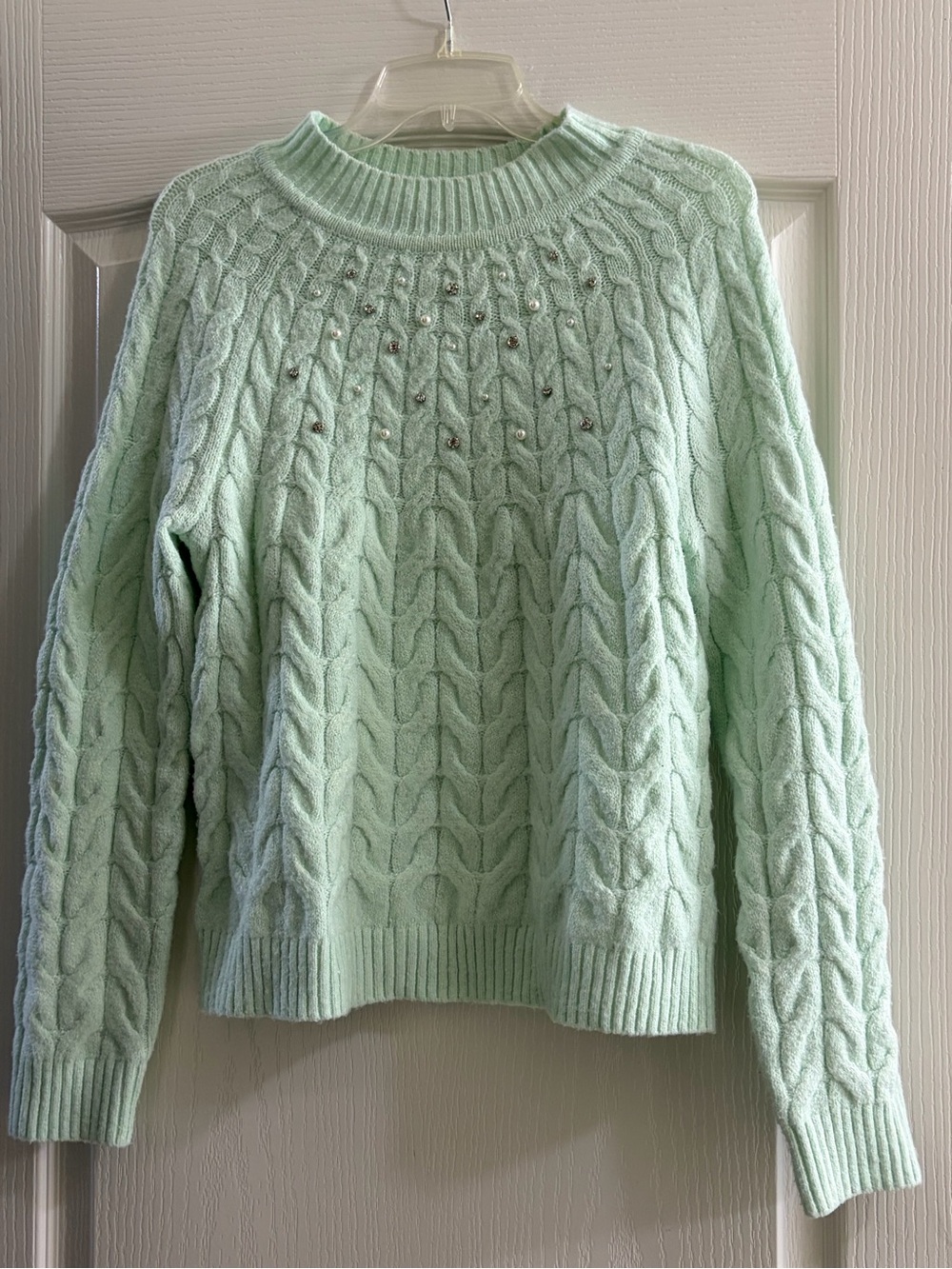 Cato Mint Green Cable Knit Crewneck Sweater with Embellished Neckline